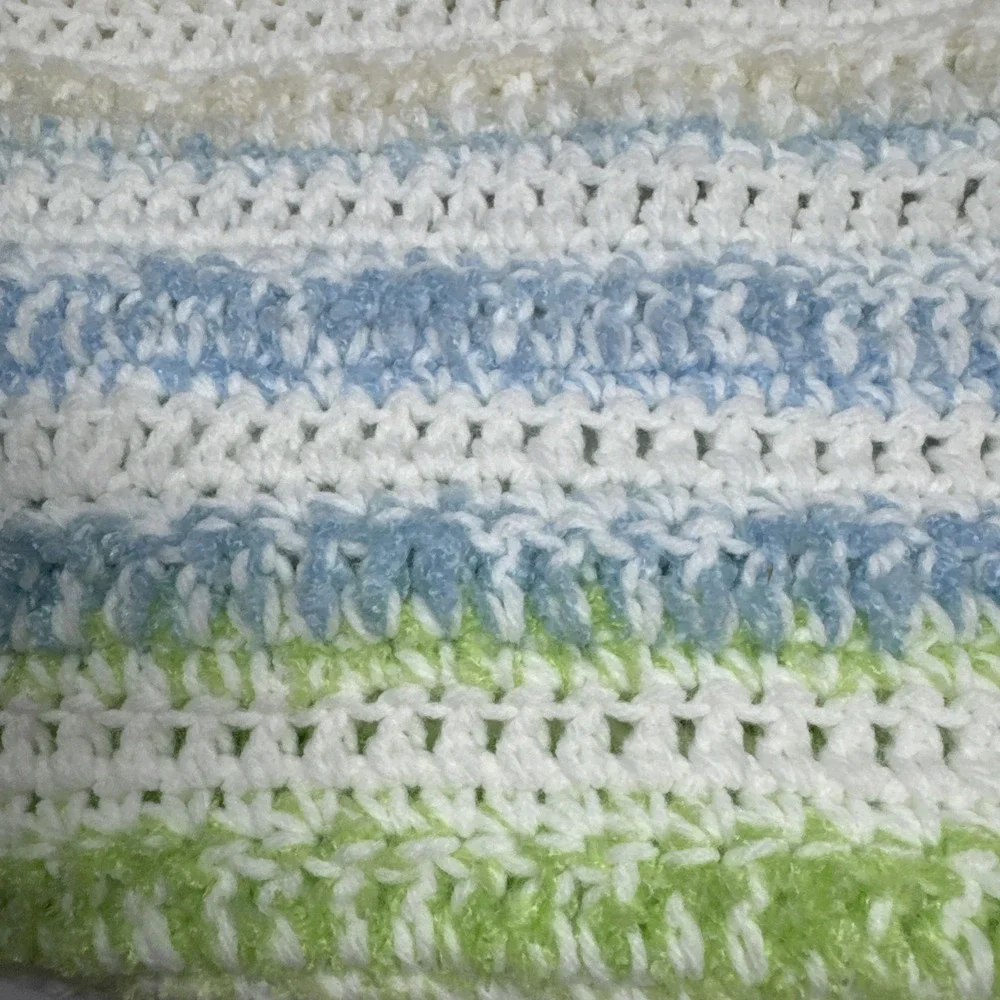 Handmade Crochet Striped Throw Blanket Blue Green White Afghan Cottagecore 47x26